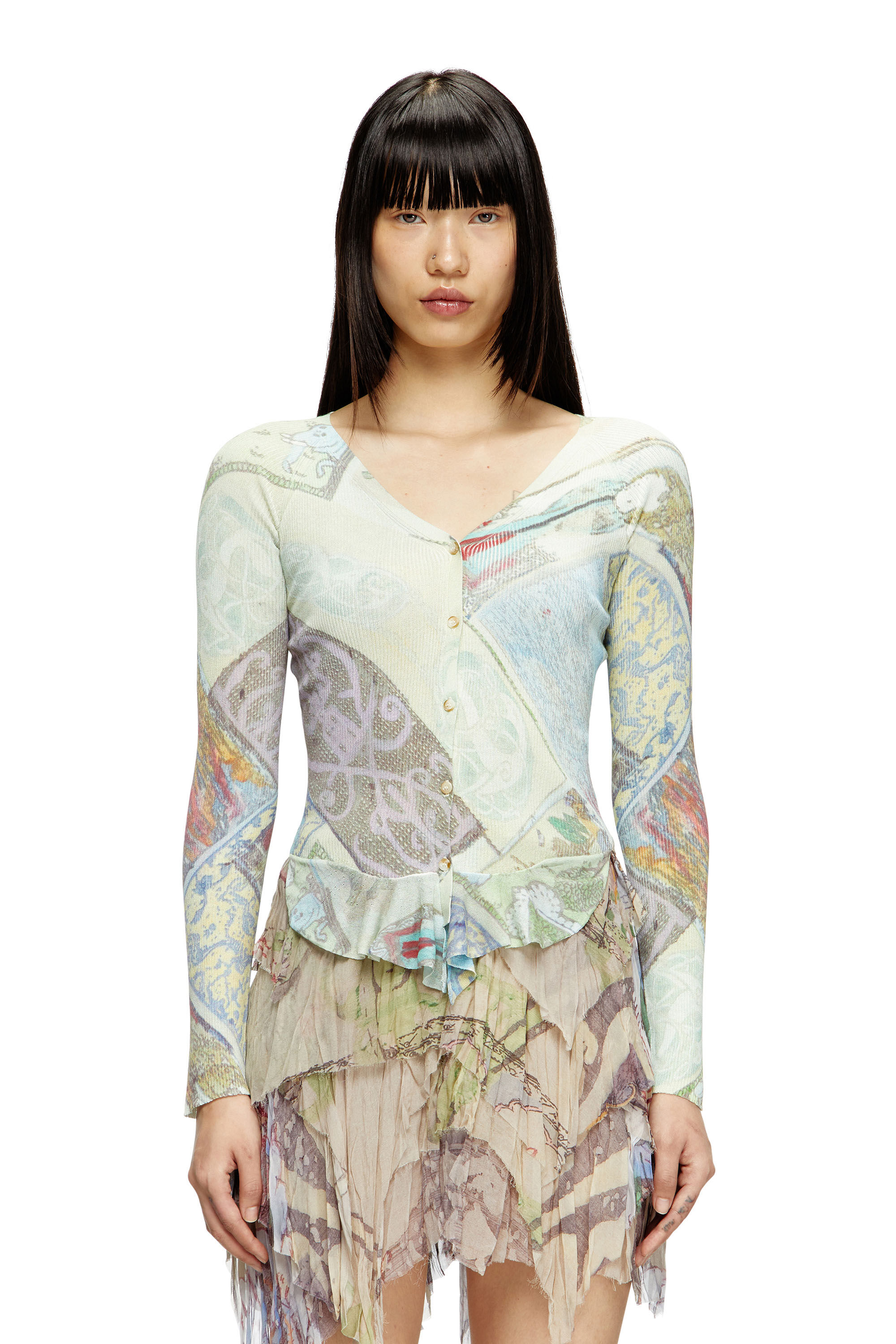 Diesel - M-FIORINA, Cardigan lunghezza cropped con stampa medievale Donna in Multicolor - 3