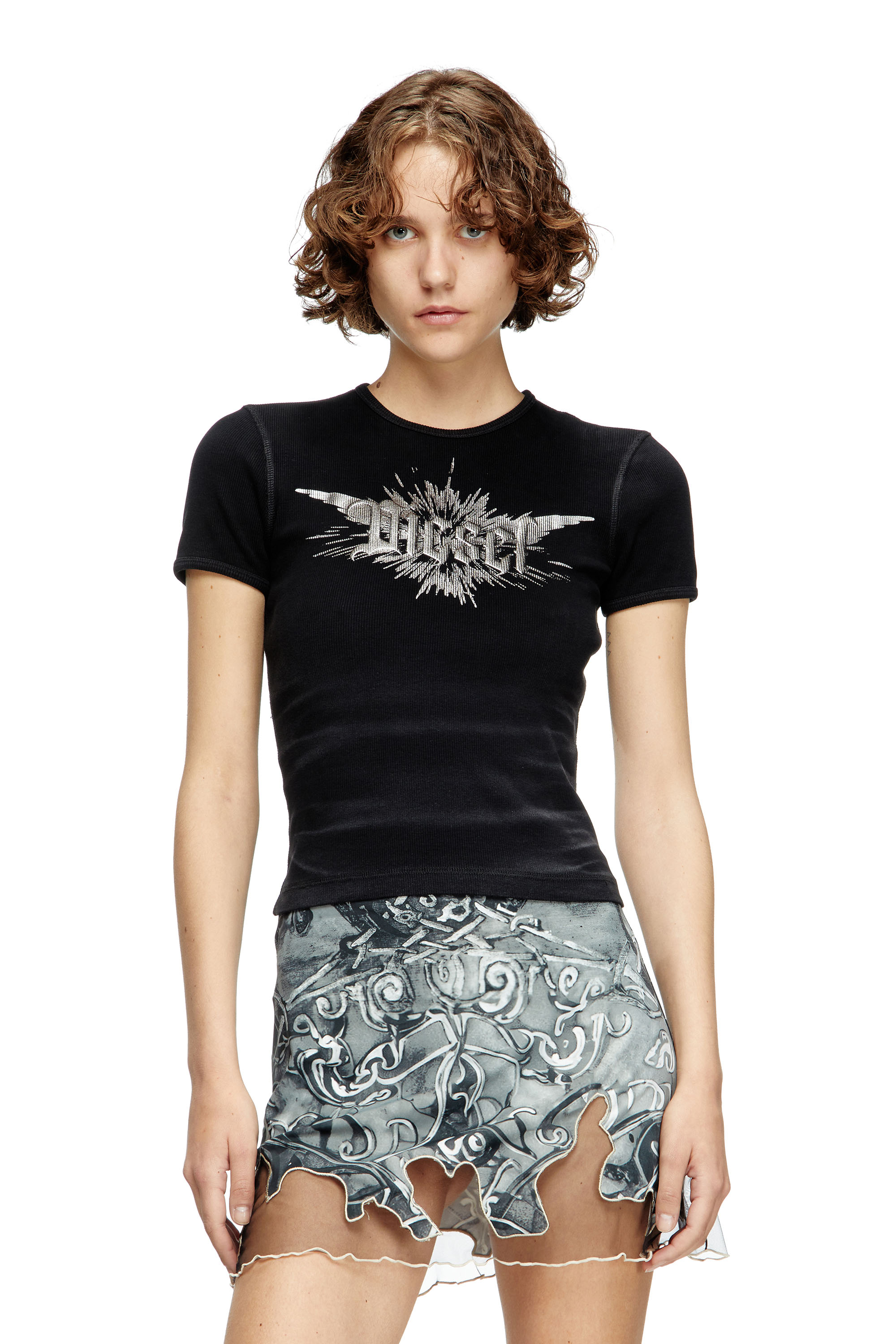 Diesel - T-ELE-LONG-P2, T-shirt con stampa Diesel laminata Donna in Nero - 1