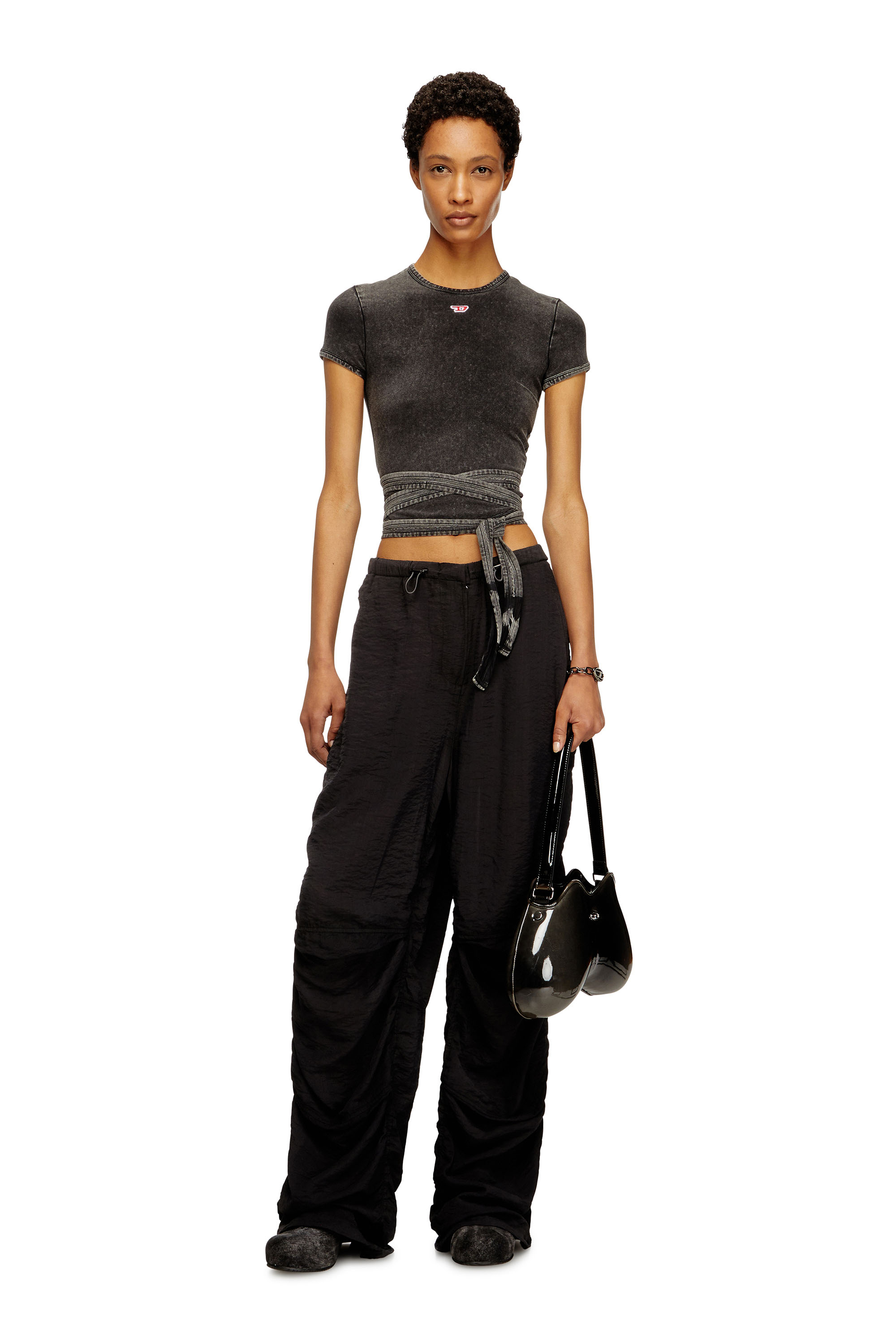 Diesel - T-BUNNY-TAIL-R1, T-shirt effetto denim con lacci incrociati Donna in Nero - 2
