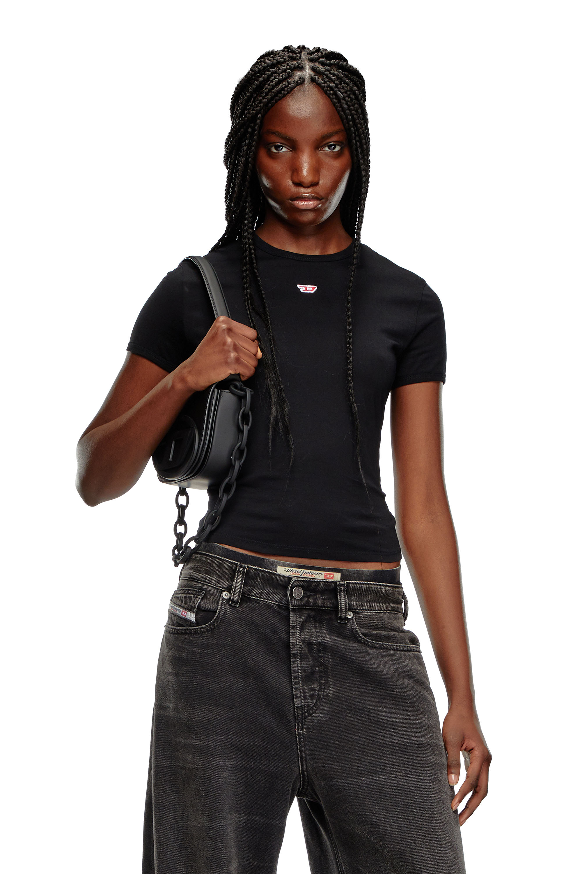 Diesel - T-UNCUTIE-LONG-D, T-shirt con patch D ricamato Donna in Nero - 1