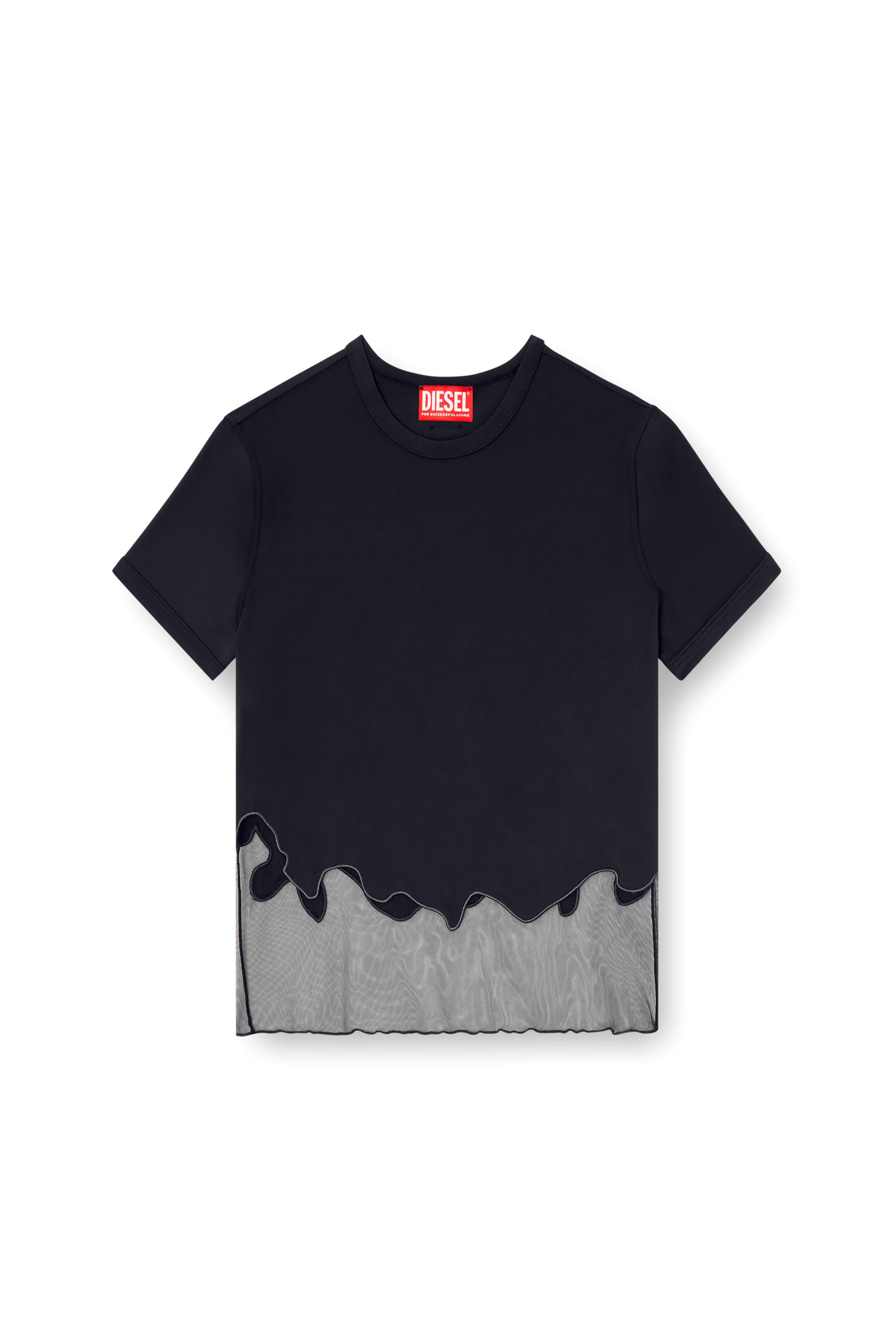 Diesel - T-INLAY-R1, T-shirt in nylon e inserto in tulle Donna in Nero - 3