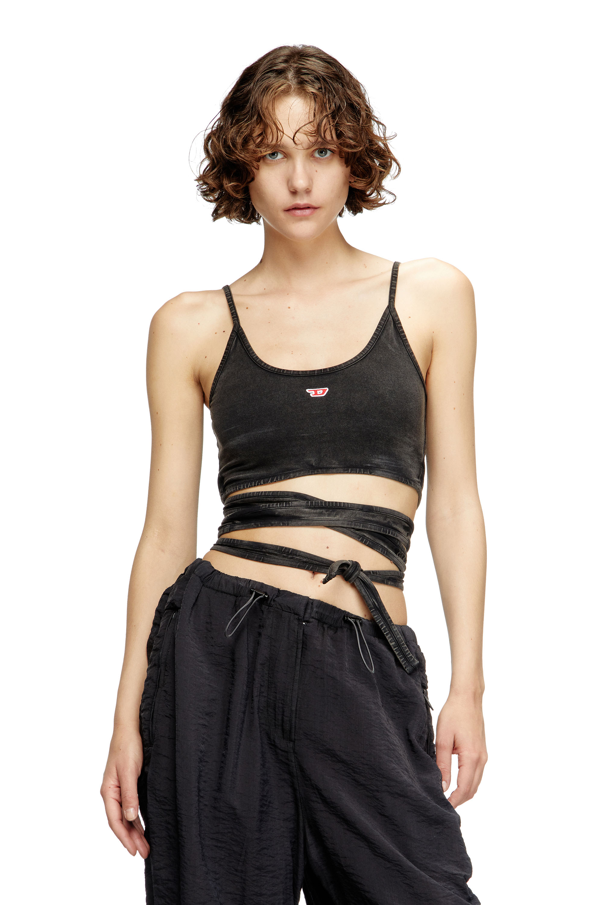 Diesel - T-LEYA-TAIL-R1, Top con lacci incrociati effetto denim Donna in Nero - 1