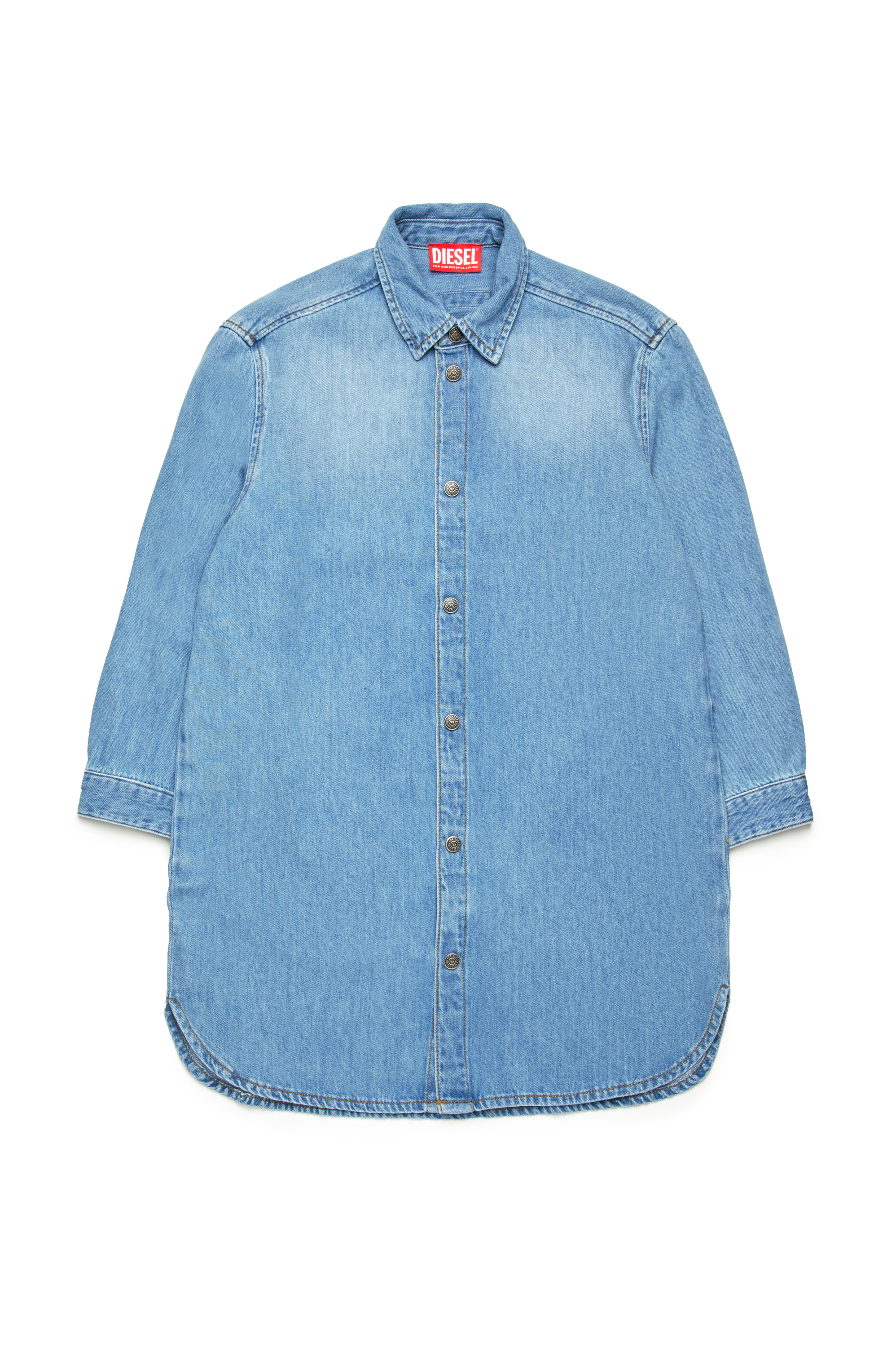 Diesel - DEBBLI, Abito chemisier in denim con logo Oval D sfrangiato Donna in Blu - 1