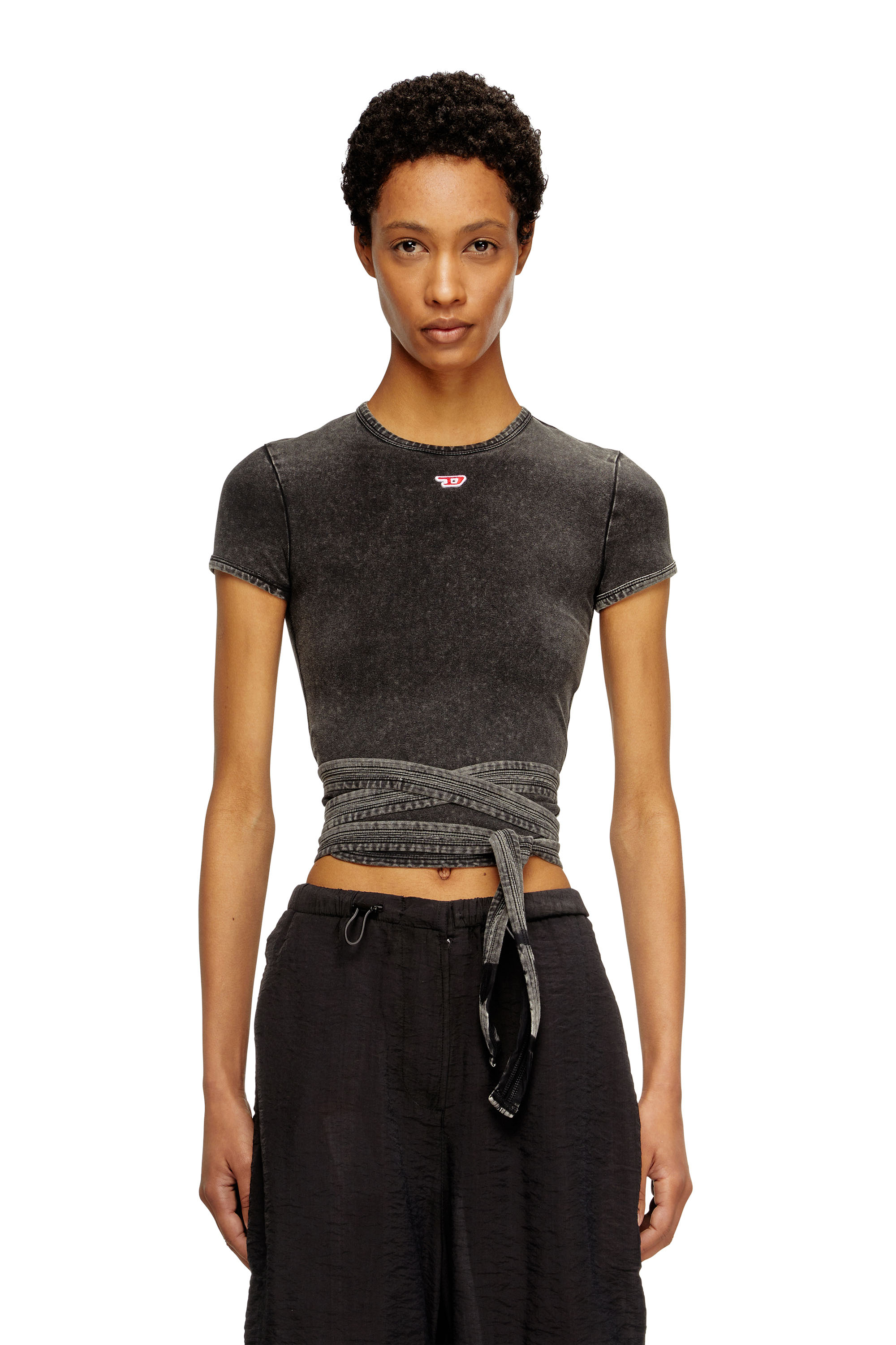 Diesel - T-BUNNY-TAIL-R1, T-shirt effetto denim con lacci incrociati Donna in Nero - 1
